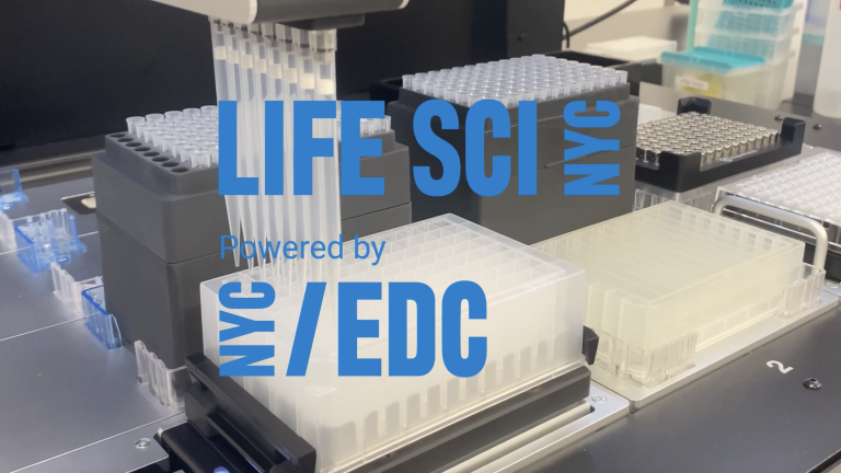 Graphic that reads &quot;LifeSci NYC Powered by NYCEDC&quot; over testing tubes in the background